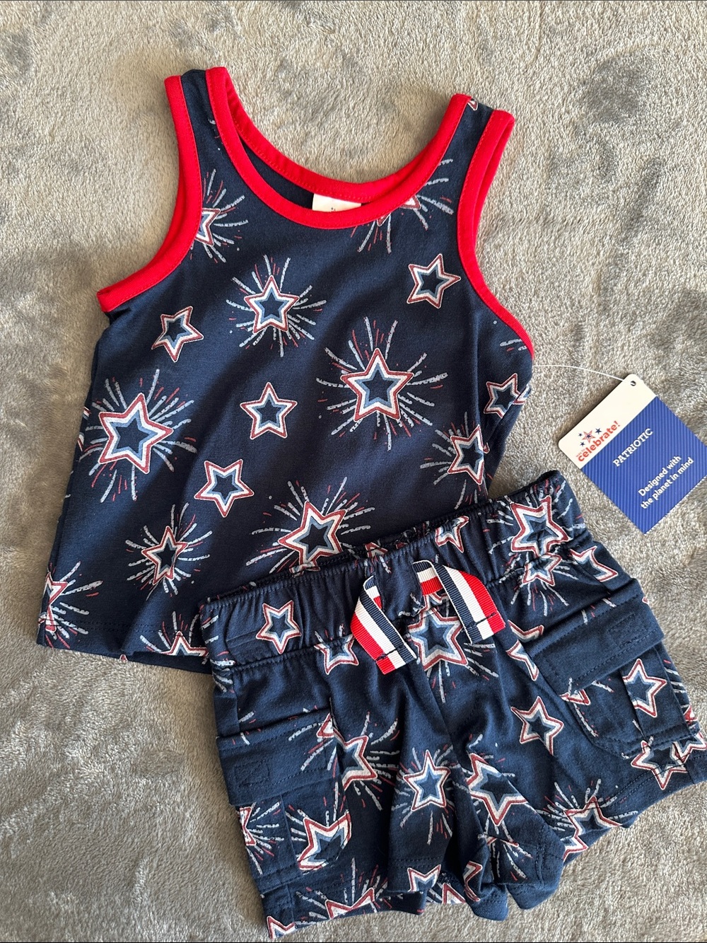 NWTS Celebrate Patriotic Kids Navy Star Print Tank & ShortsSet Red Trim 12 mos - Picture 2 of 8